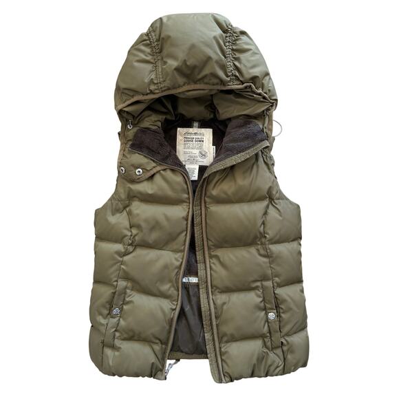 Eddie Bauer Women’s XS Olive Green Hooded Premium Goose Down Vest 650 Fill Power - Picture 1 of 9